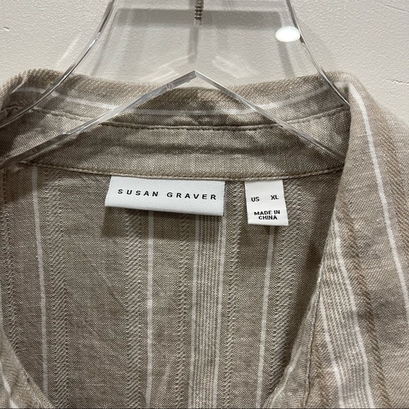 Susan Graver Long Sleeve Button Down Linen Shirt XL Tan Stripe Lagenlook - Picture 4 of 7
